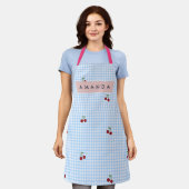 Tablier Personalized Retro Blue Gingham Cherry Print  (Porté)
