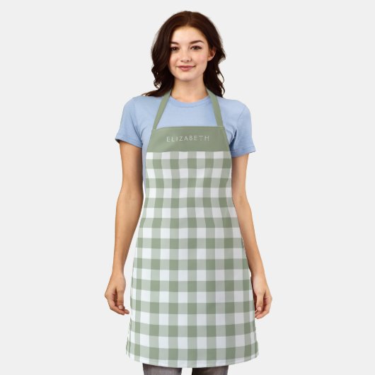 Tablier Personalized Sage Green Gingham Check Pattern (Porté)