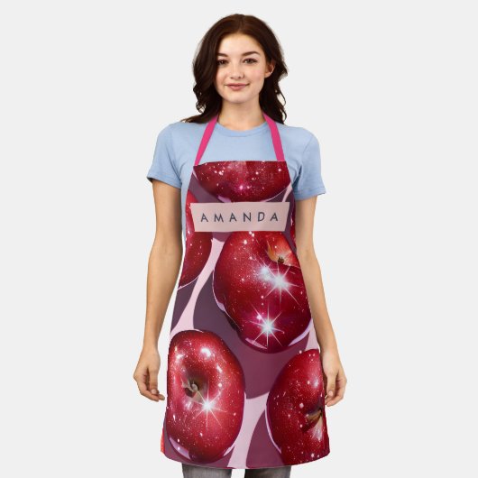 Tablier Personalized Sparkling Red Apple Pink Background (Porté)