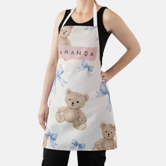 Tablier Personalized Teddy Bear & Blue Bow Pattern (Insitu)