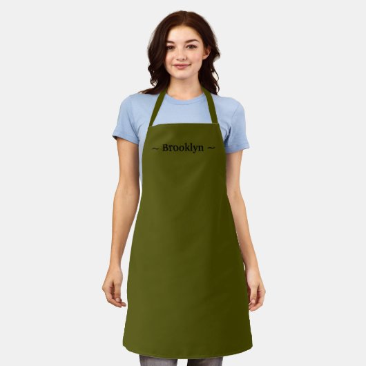 Tablier personnaliser changer le nom texte blanc olive mou (Porté)