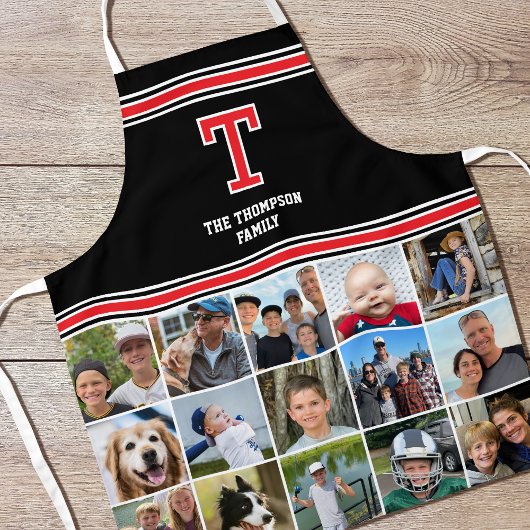 Tablier Photo Collage Famille Monogramme Rouge Noir