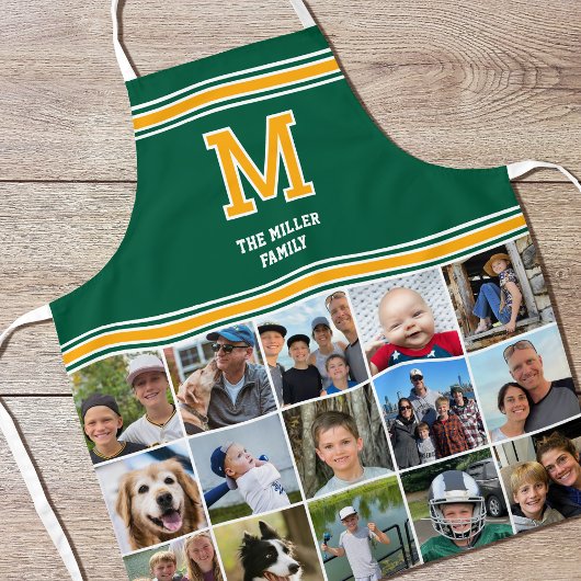 Tablier Photo Collage Family Monogram Green Yellow
