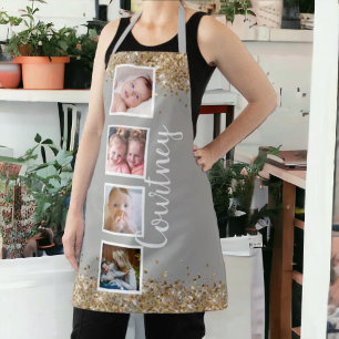 Tablier photo collage or parties scintillant gris nom pers