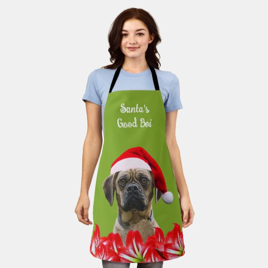 Tablier Photo personnalisée Chien Rouge Santa Chapeau & Or (Porté)