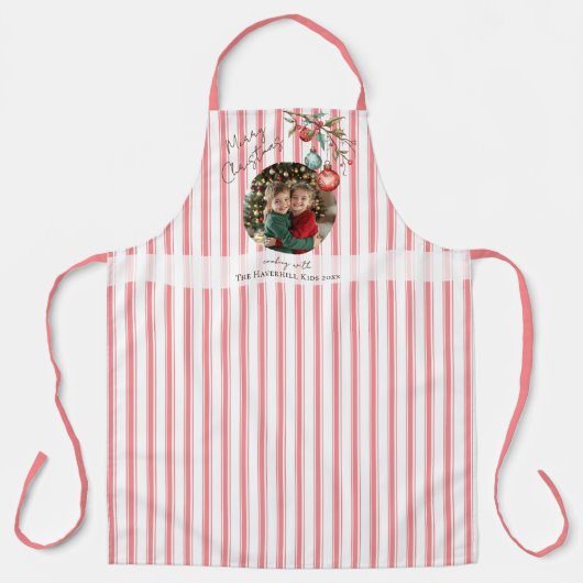 Tablier Photo Pink Stripe Nom de famille Enfants Joyeux No (Recto)