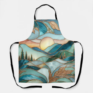 Tablier Pics de montagnes dorées Forêt Art de verre teinté