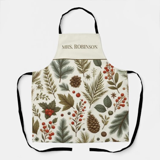 Tablier Pin vert rouge et baies Boho de vacances Aquarelle (Recto)