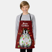 Tablier Pingouin Festif, lumières scintillantes, plaid rou (Porté)
