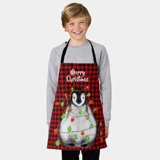 Tablier Pingouin Festif, lumières scintillantes, plaid rou (Porté)