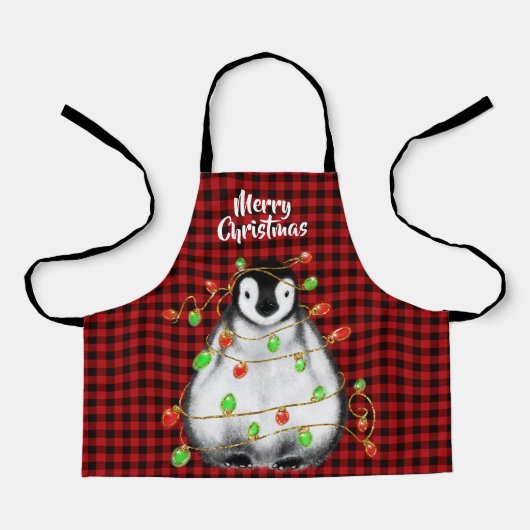 Tablier Pingouin Festif, lumières scintillantes, plaid rou (Recto)