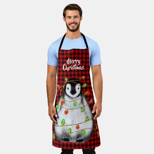 Tablier Pingouin Festif, lumières scintillantes, plaid rou (Porté)