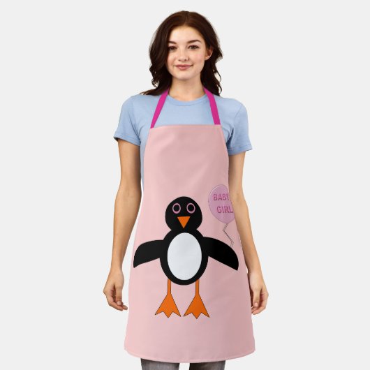 Tablier Pingouin mignon rose bébé fille (Porté)