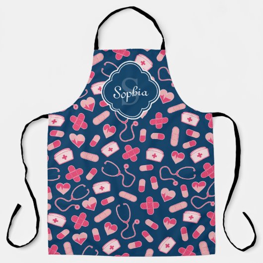Tablier Pink and Blue Nurse Pattern with Monogram (Recto)