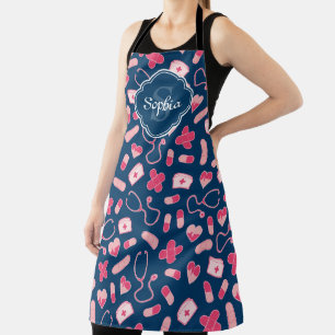 Tablier Pink and Blue Nurse Pattern with Monogram