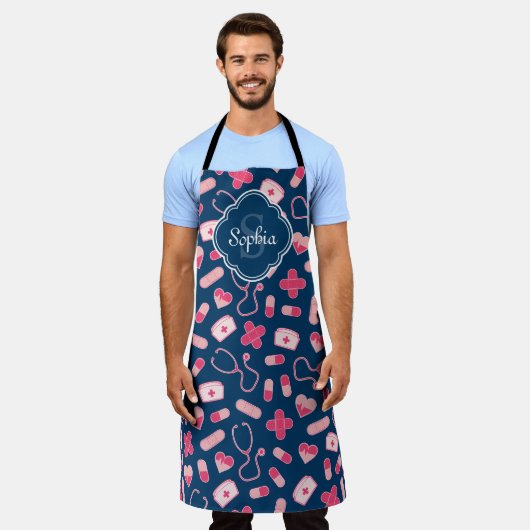 Tablier Pink and Blue Nurse Pattern with Monogram (Porté)