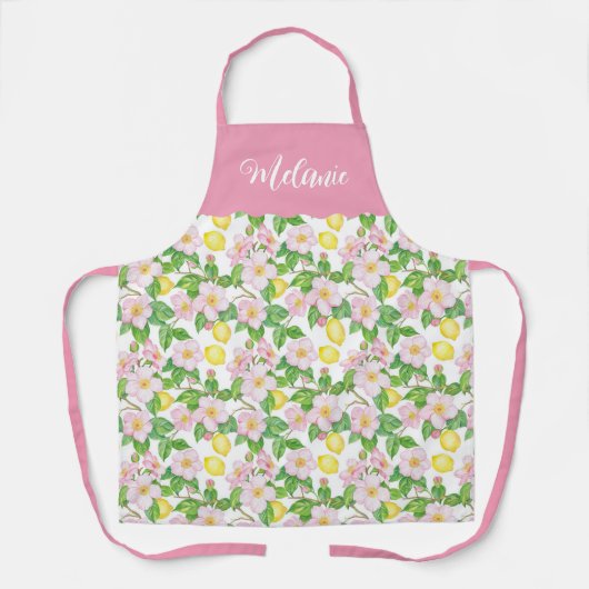 Tablier Pink Floral Lemon Pattern Personalised Name (Recto)