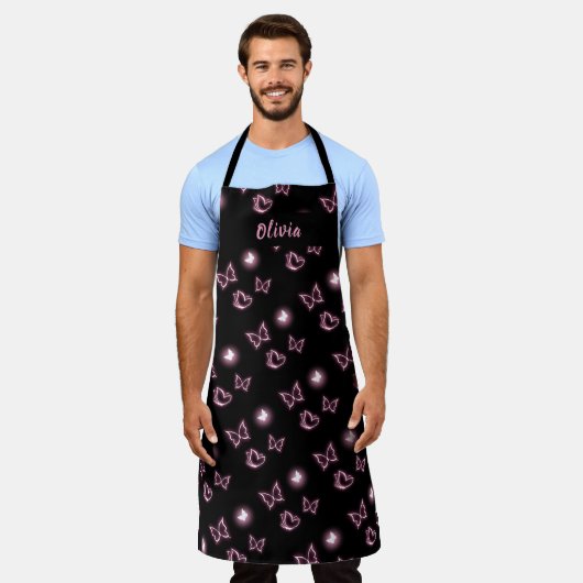Tablier Pink Glow Butterfly Heart Pattern Apron (Porté)