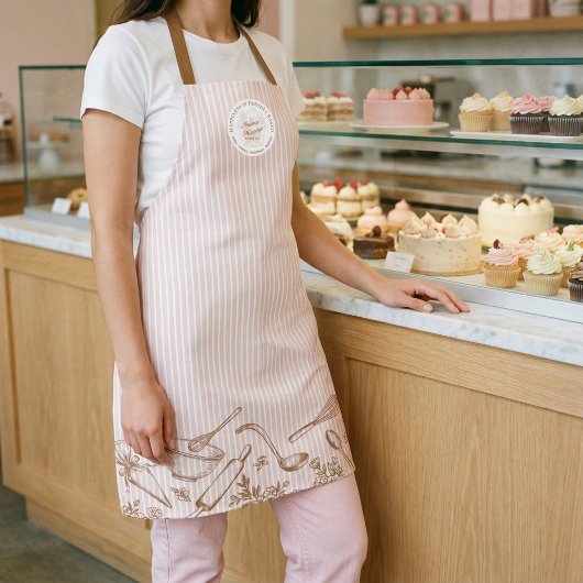 Tablier Pink Stripe Bakery Logo Hand Drawn Baking Utensils