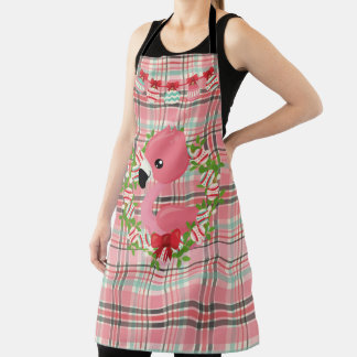 TABLIER PINK & VERT PLAID AVEC FLAMANTS ROSES ET ORNAMENTS