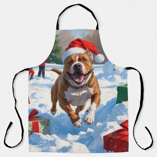 Tablier Pitbull Dog courir dans la neige avec le Casquette (Recto)