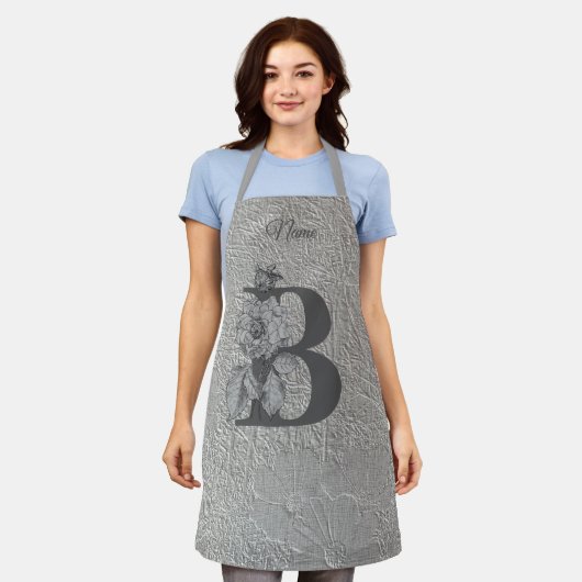 Tablier Pivoine argentée Élégant monogramme initial B Nom  (Porté)