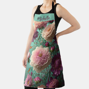 Tablier pivoines vintages en rose et bordeaux, sur mesure