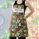Tablier Pizza Slices, Chef Baker Restaurant Texte Personna<br><div class="desc">Un tablier amusant avec une pizza motif et des outils à pizza et deux lignes de texte personnalisé. Ajoutez le nom d'une personne, le nom d'un restaurant ou d'une pizzeria ou supprimez le texte et le rectangle et utilisez simplement le motif. Idéal pour les restaurants, les chefs en herbe, les...</div>