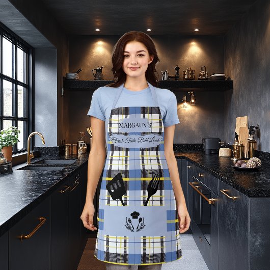 Tablier Plaid bleu personnalisé avec Cuisine Ustensiles Po