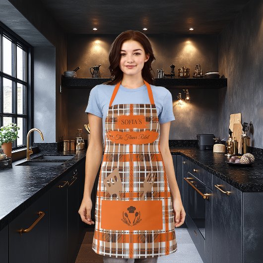 Tablier Plaid Orange personnalisable avec ustensiles de cu