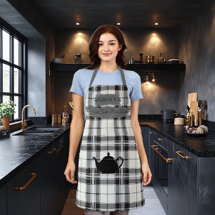 Tablier Plaqué blanc noir sophistiqué avec motif de théièr