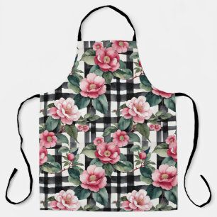 Tablier Plaqué noir et blanc avec Camellias rose feuillus
