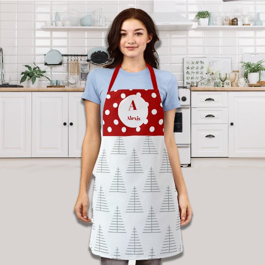 Tablier Points de Noël & Arbres blancs Nom personnalisé