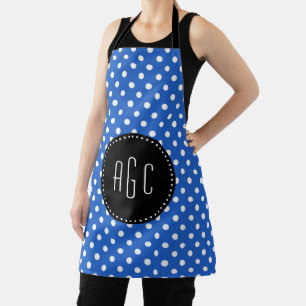 Tablier Pois bleus et blancs avec monogramme noir