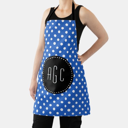 Tablier Pois bleus et blancs avec monogramme noir (Insitu)