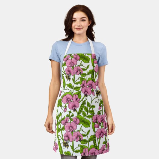Tablier Pois doux et bourdons, rose, vert et blanc (Porté)