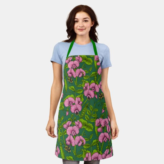 Tablier Pois doux et bourdons, vert et rose (Porté)