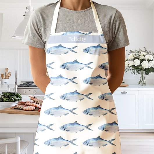 Tablier Poisson bleu aquarelle côtier
