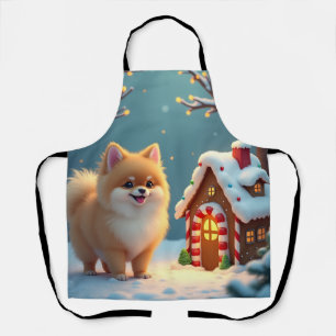 Tablier Pomeranian dans le village de pain d'épice de Noël