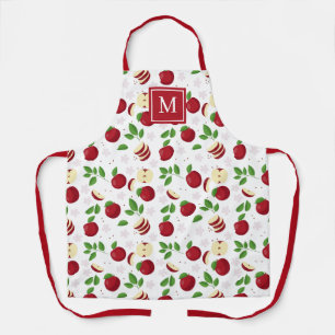 Tablier Pommes rouges, fleurs verdure Monogramme initial