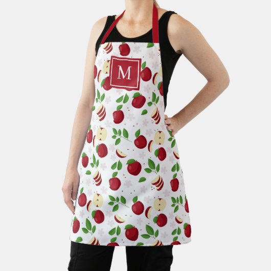Tablier Pommes rouges, fleurs verdure Monogramme initial (Insitu)