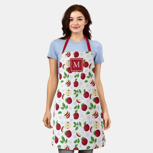 Tablier Pommes rouges, fleurs verdure Monogramme initial (Porté)