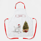 Tablier Poodle blanc Funny Chien de Noël avec arbre (Recto)