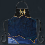 Tablier Porte en marbre bleu et or de la Marine<br><div class="desc">Cet tablier dispose d'un élégant arrière - plan en marbre d'agate glamour avec des détails de gemstone de géode et des accents de parties scintillant d'or faux. Le monogramme combine écriture manuscrite et polices sans serif modernes pour un look élégant et sophistiqué. Cela fera le cadeau idéal car il peut...</div>