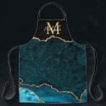 Tablier Porte en marbre bleu turquoise et or<br><div class="desc">Cet tablier dispose d'un élégant arrière - plan en marbre d'agate glamour avec des détails de gemstone de géode et des accents de parties scintillant d'or faux. Le monogramme combine écriture manuscrite et polices sans serif modernes pour un look élégant et sophistiqué. Cela fera le cadeau idéal car il peut...</div>