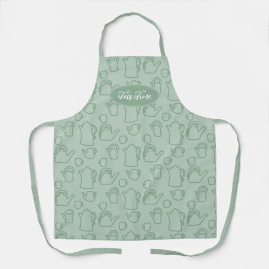 Tablier Pots de thé Motif Sage Green Long Bib Apron (Recto)