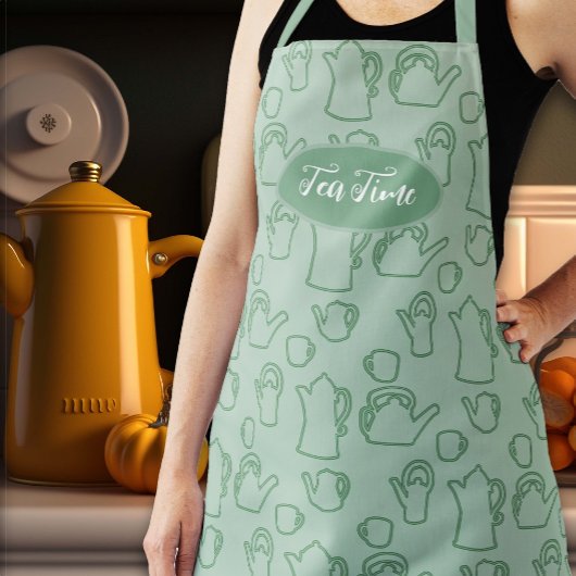 Tablier Pots de thé Motif Sage Green Long Bib Apron