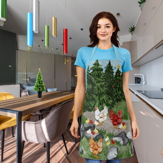 Tablier Poules, poussins et flocons de neige bleu clair