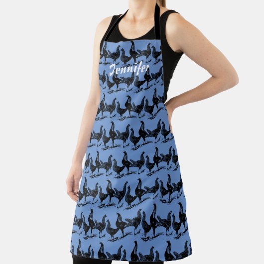 Tablier Poulets modernes à la mode sur monogramme bleu (Insitu)