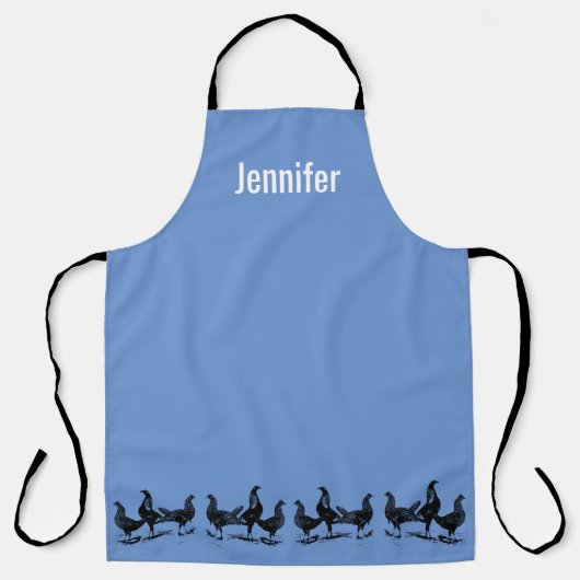 Tablier Poulets rustiques à la mode sur monogramme bleu (Recto)